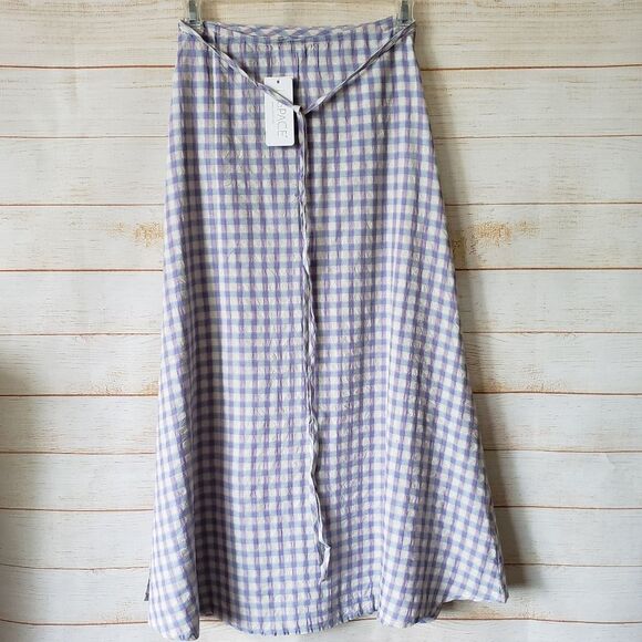 L*Space Anza Gingham Wrap A-Line Midi Skirt Women's Size Small Purple White Blue - Picture 2 of 8